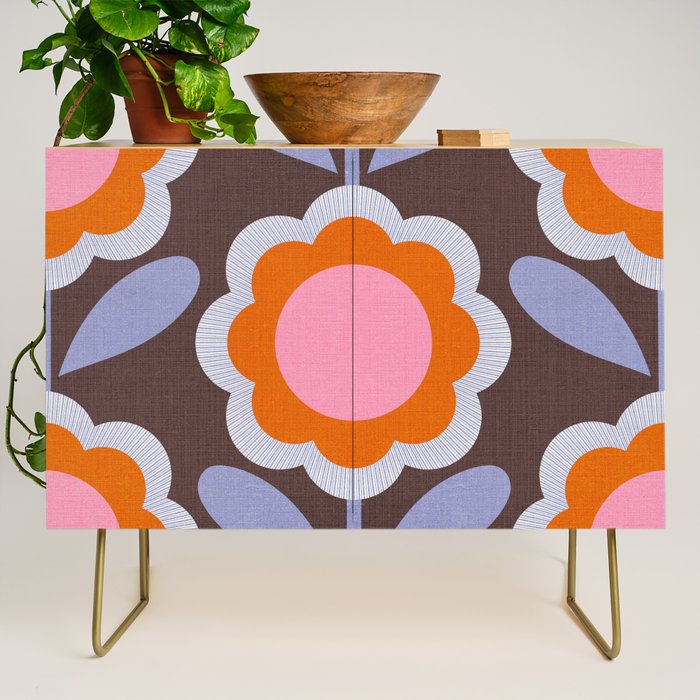HELLO BOLD RETRO DAISY FLOWERS PATTERN IN BLOOM 3. BROWN Credenza Gallery Image 1