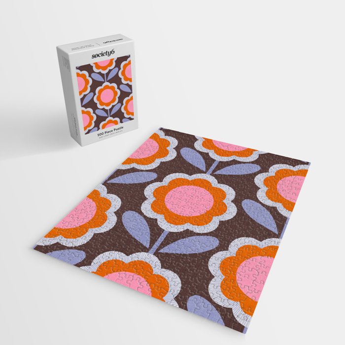 HELLO BOLD RETRO DAISY FLOWERS PATTERN IN BLOOM 3. BROWN Jigsaw Puzzle Gallery Image 2