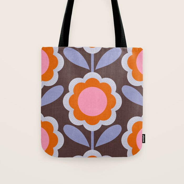 HELLO BOLD RETRO DAISY FLOWERS PATTERN IN BLOOM 3. BROWN Tote Bag Gallery Image 1