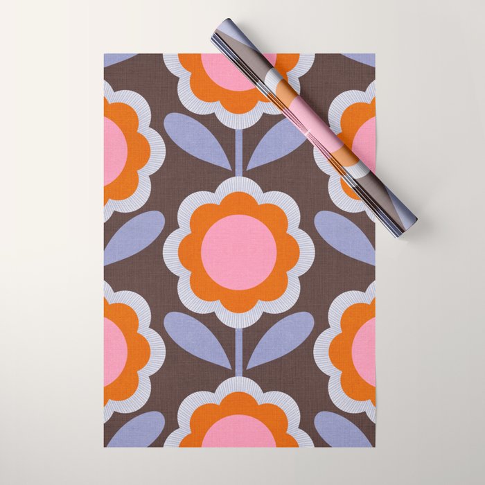 HELLO BOLD RETRO DAISY FLOWERS PATTERN IN BLOOM 3. BROWN Wrapping Paper Gallery Image 1