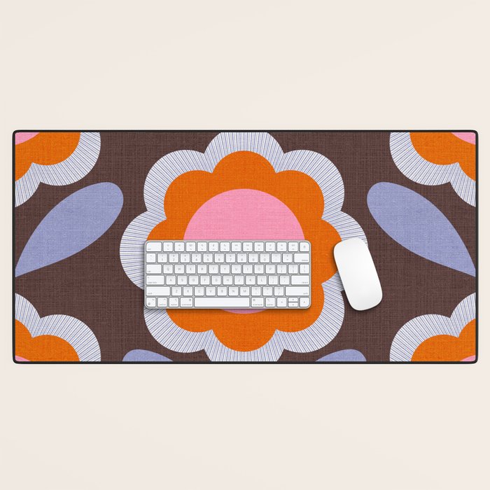 HELLO BOLD RETRO DAISY FLOWERS PATTERN IN BLOOM 3. BROWN Desk Mat Gallery Image 1