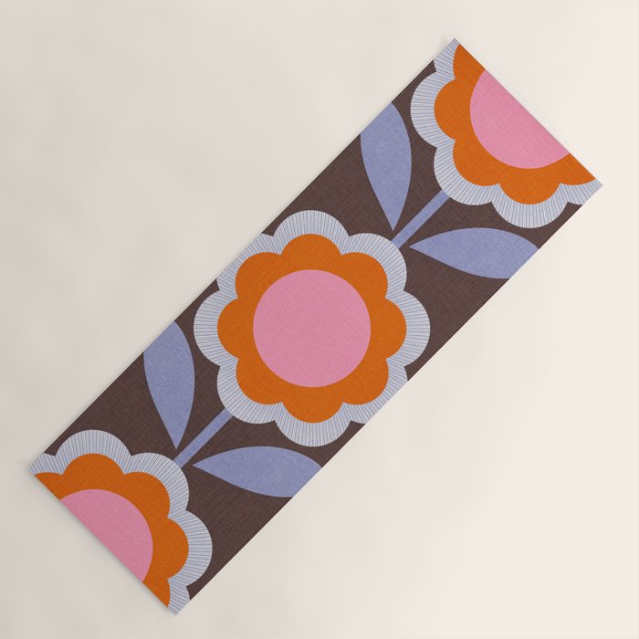 HELLO BOLD RETRO DAISY FLOWERS PATTERN IN BLOOM 3. BROWN Yoga Mat Gallery Image 1