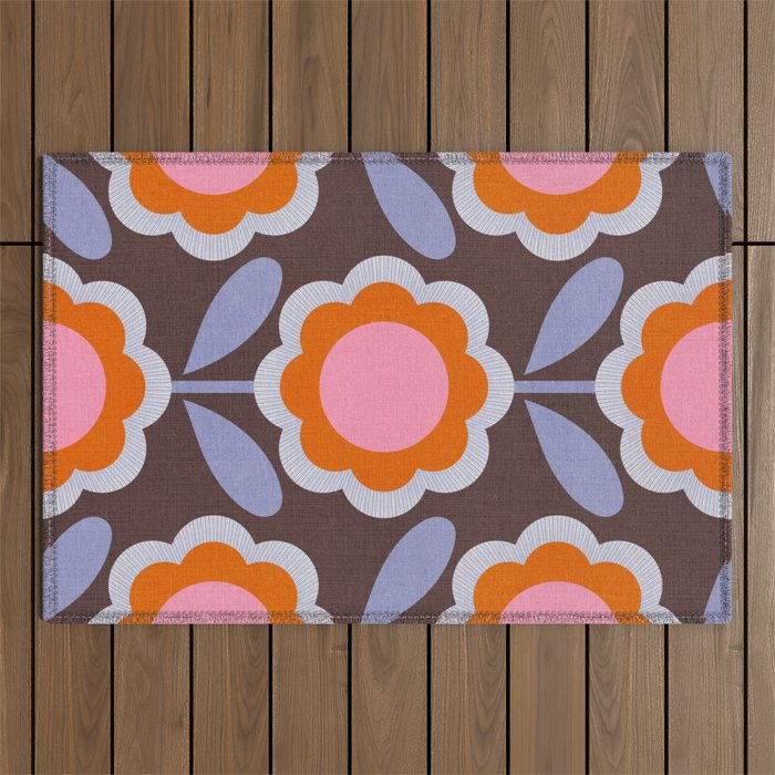 HELLO BOLD RETRO DAISY FLOWERS PATTERN IN BLOOM 3. BROWN Outdoor Rug Gallery Image 1