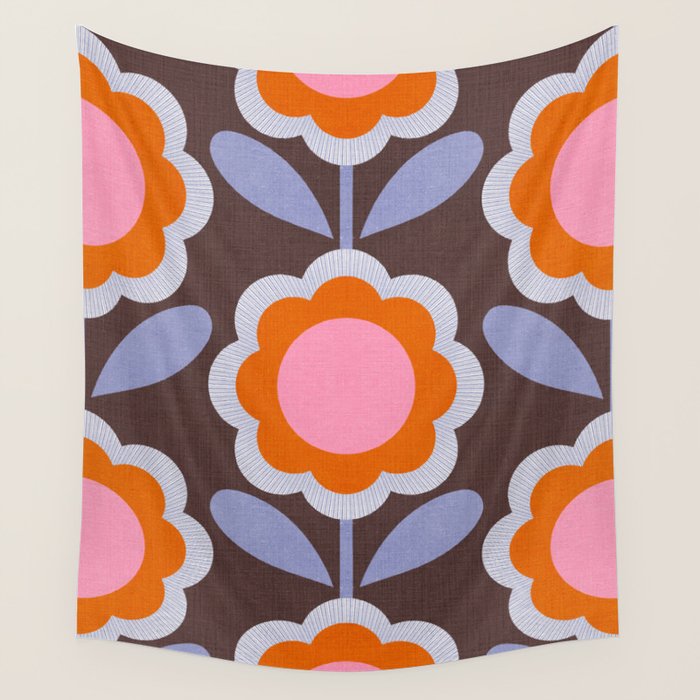 HELLO BOLD RETRO DAISY FLOWERS PATTERN IN BLOOM 3. BROWN Wall Tapestry Gallery Image 4
