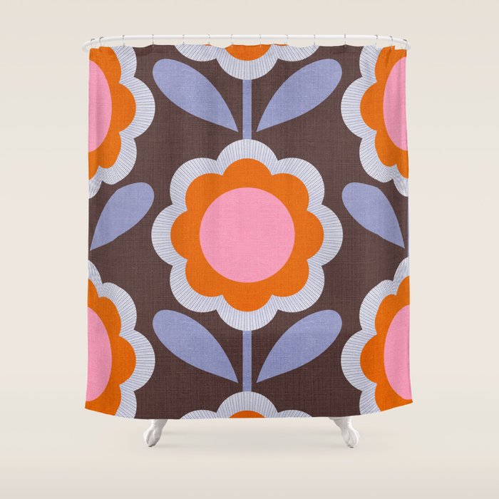 HELLO BOLD RETRO DAISY FLOWERS PATTERN IN BLOOM 3. BROWN Shower Curtain Gallery Image 1