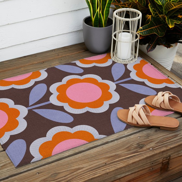 HELLO BOLD RETRO DAISY FLOWERS PATTERN IN BLOOM 3. BROWN Outdoor Rug Gallery Image 2