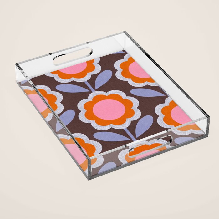 HELLO BOLD RETRO DAISY FLOWERS PATTERN IN BLOOM 3. BROWN Acrylic Tray Gallery Image 1