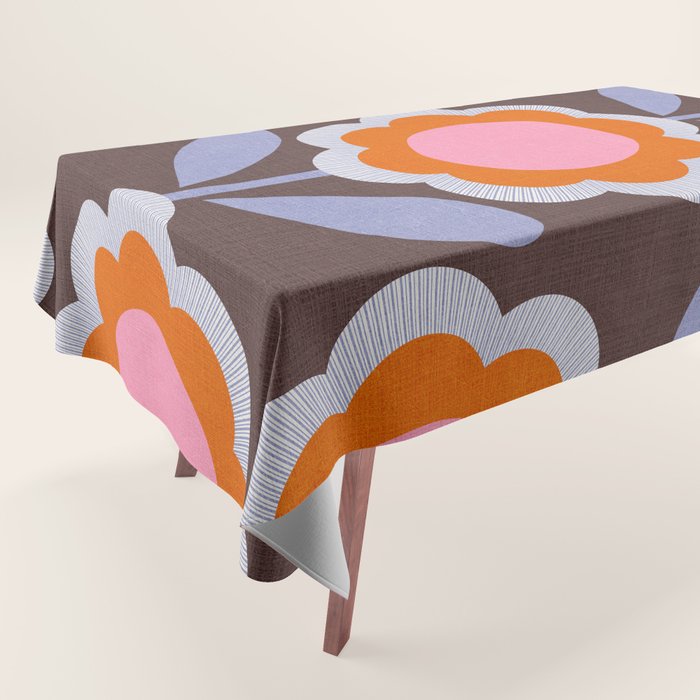 HELLO BOLD RETRO DAISY FLOWERS PATTERN IN BLOOM 3. BROWN Tablecloth Gallery Image 1