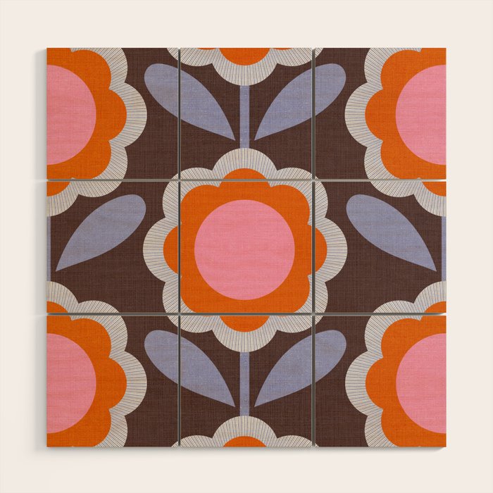 HELLO BOLD RETRO DAISY FLOWERS PATTERN IN BLOOM 3. BROWN Wood Wall Art Gallery Image 1