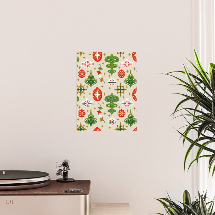 Vintage Christmas Ornaments Pattern Poster Gallery Image 2