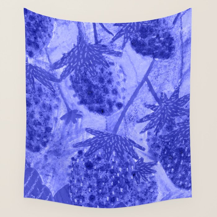 Strawberry Garden in Botanical Blue Wall Tapestry Gallery Image 1