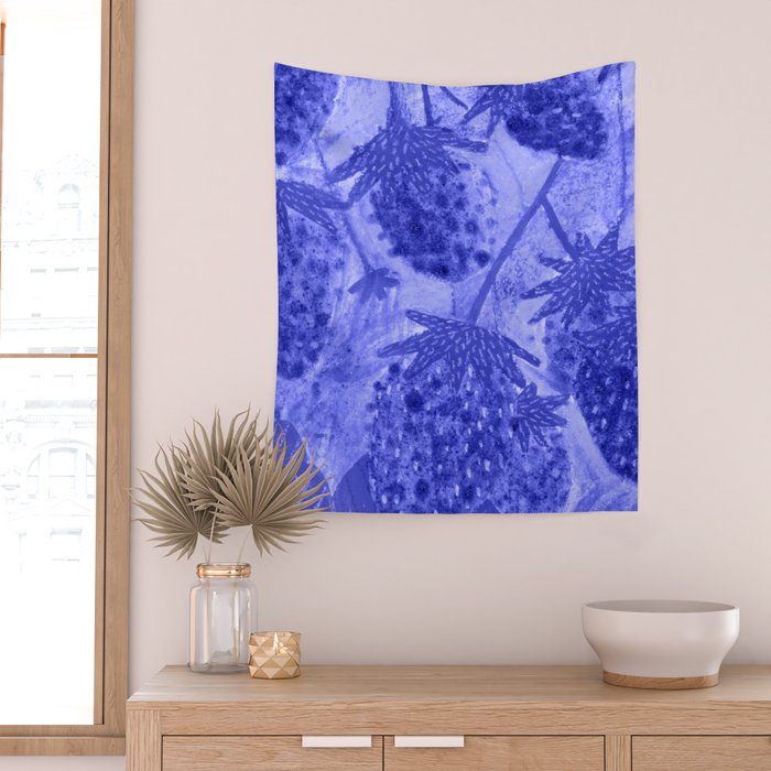 Strawberry Garden in Botanical Blue Wall Tapestry Gallery Image 2
