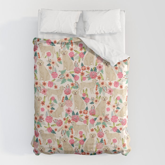 Golden retrievers must have florals cream pastel gender neutral dog art cute pet portraits labrador Duvet Cover Gallery Image 1