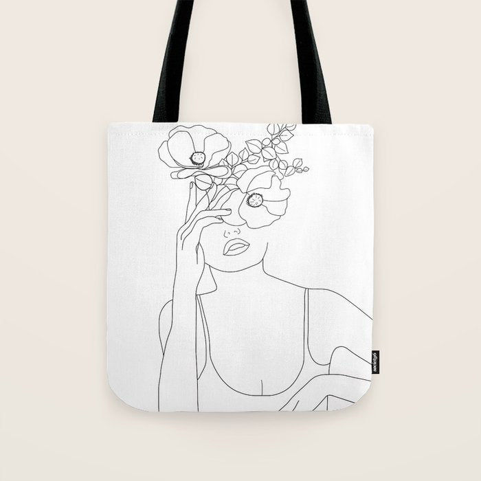 Minimal Line Art Woman with Flowers II Tote Bag Gallery Image 1