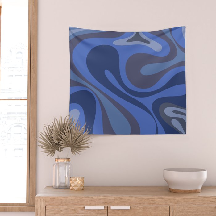 Mod Swirl Retro Abstract Pattern Blues on Blue  Wall Tapestry Gallery Image 2