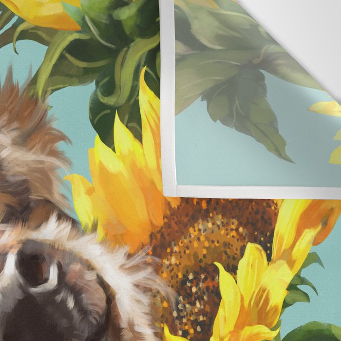 Highland Cow with Sunflowers in Blue Wall Tapestry Gallery Image 3