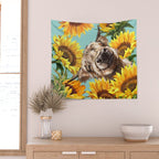 Highland Cow with Sunflowers in Blue Wall Tapestry Gallery Image 2