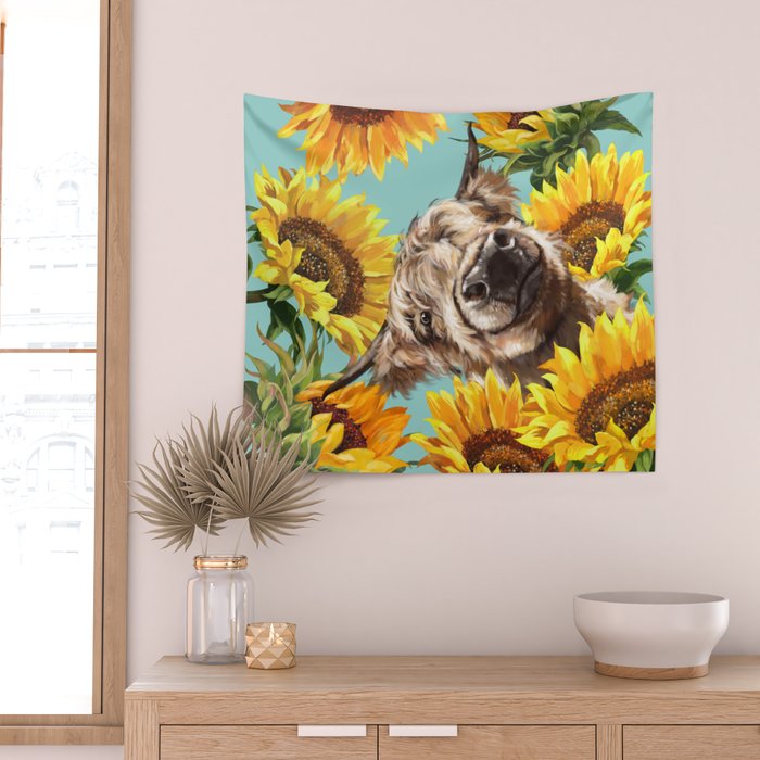 Highland Cow with Sunflowers in Blue Wall Tapestry Gallery Image 2