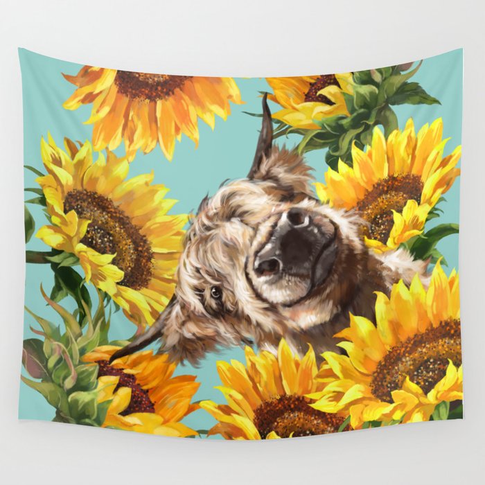 Highland Cow with Sunflowers in Blue Wall Tapestry Gallery Image 4