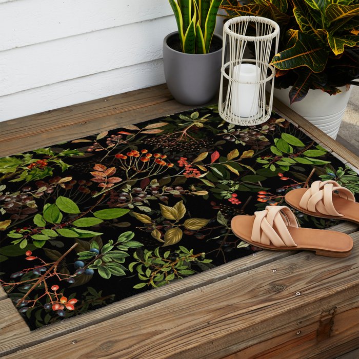 Vintage & Shabby Chic - vintage botanical wildflowers and berries on black Outdoor Rug Gallery Image 2