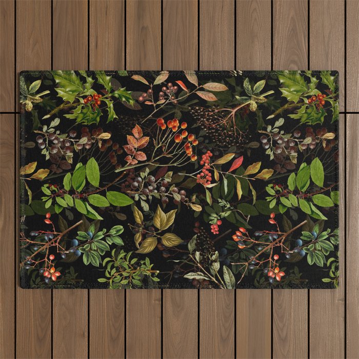 Vintage & Shabby Chic - vintage botanical wildflowers and berries on black Outdoor Rug Gallery Image 1