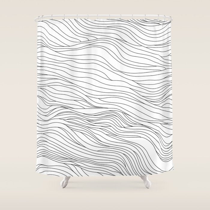 Abstract black and white wave line art pattern Shower Curtain Gallery Image 1