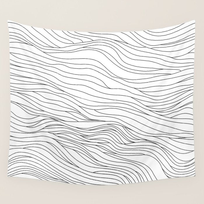 Abstract black and white wave line art pattern Wall Tapestry Gallery Image 4