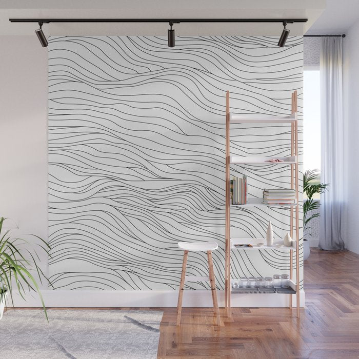 Abstract black and white wave line art pattern Wall Mural Gallery Image 1