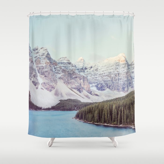 Moraine Lake Sunrise, Mountain Landscape, Nature Photography Shower Curtain Gallery Image 1