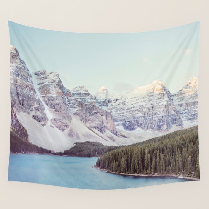 Moraine Lake Sunrise, Mountain Landscape, Nature Photography Wall Tapestry Gallery Image 4