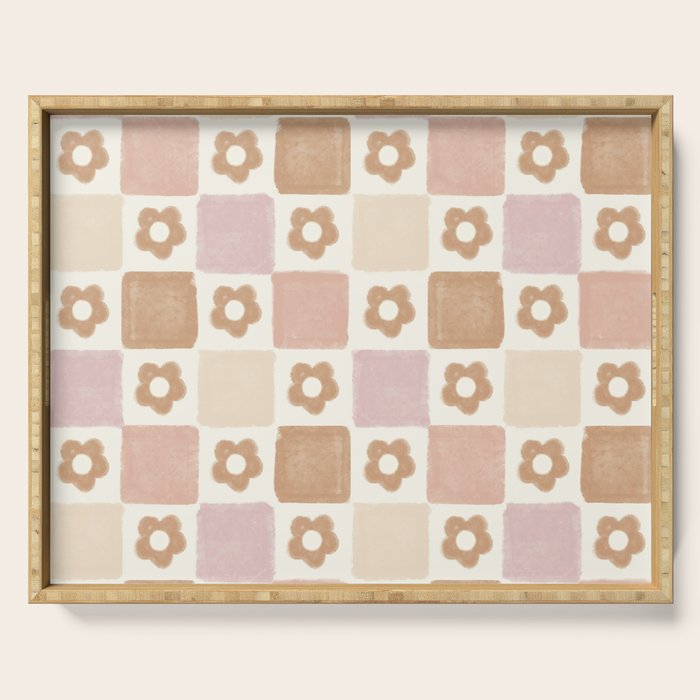 Checkered Floral - Pink Brown Beige Serving Tray Gallery Image 1