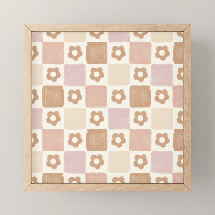 Checkered Floral - Pink Brown Beige Mini Art Print Gallery Image 1
