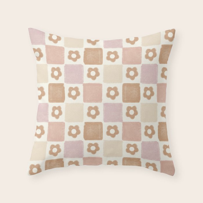 Checkered Floral - Pink Brown Beige Throw Pillow Gallery Image 6