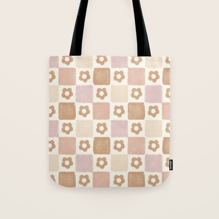 Checkered Floral - Pink Brown Beige Tote Bag Gallery Image 1