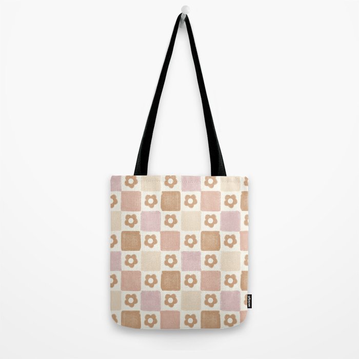 Checkered Floral - Pink Brown Beige Tote Bag Gallery Image 2