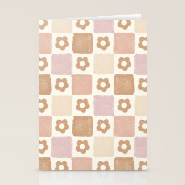 Checkered Floral - Pink Brown Beige Stationery Card Gallery Image 1