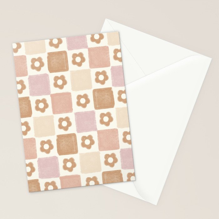 Checkered Floral - Pink Brown Beige Stationery Card Gallery Image 2