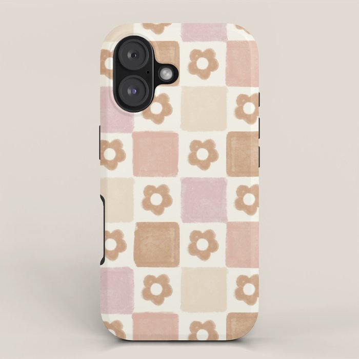 Checkered Floral - Pink Brown Beige iPhone Case Gallery Image 1