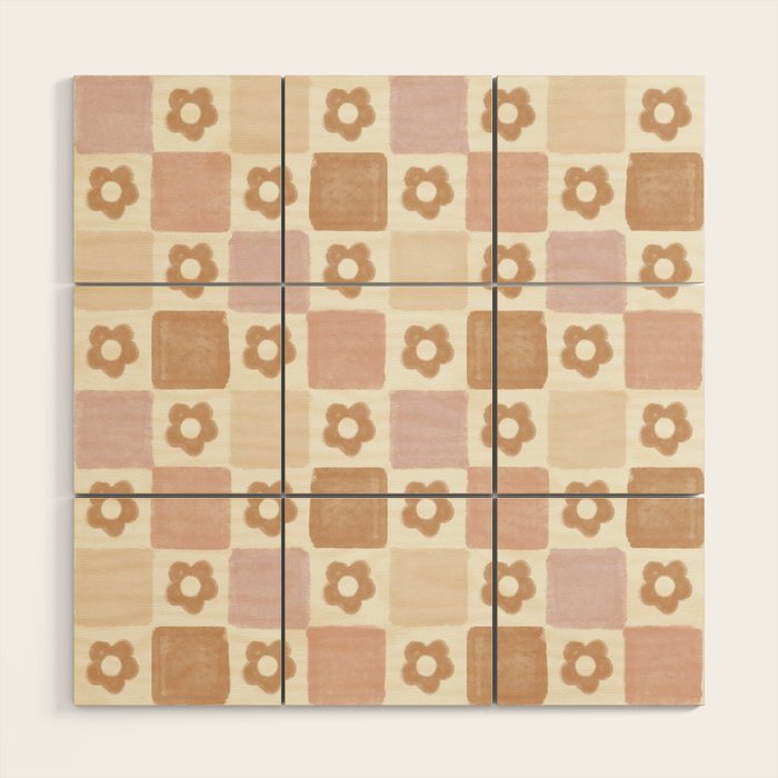 Checkered Floral - Pink Brown Beige Wood Wall Art Gallery Image 1