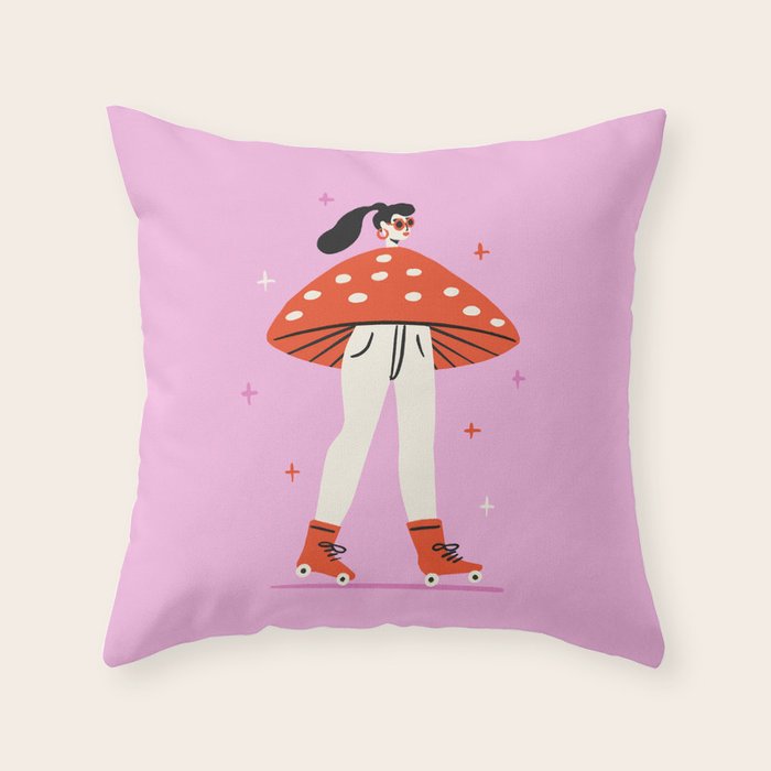 Retro Mushroom Girl Throw Pillow Gallery Image 1