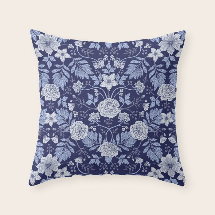 Light Blue, Cobalt Blue, & White Floral Pattern Throw Pillow Gallery Image 6