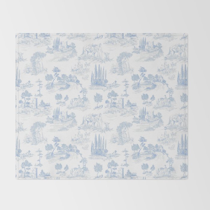 Toile de Jouy French Vintage Baby Blue & White Throw Blanket Gallery Image 2