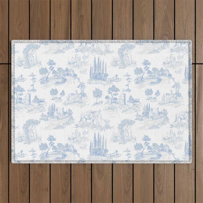 Toile de Jouy French Vintage Baby Blue & White Outdoor Rug Gallery Image 1