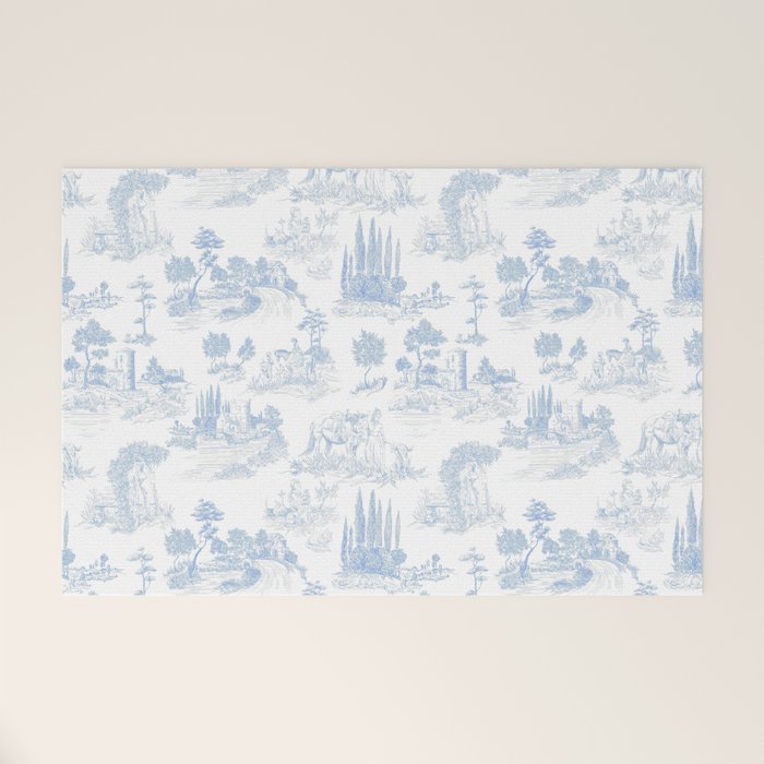 Toile de Jouy French Vintage Baby Blue & White Welcome Mat Gallery Image 1