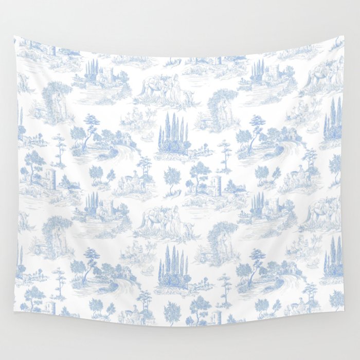 Toile de Jouy French Vintage Baby Blue & White Wall Tapestry Gallery Image 4