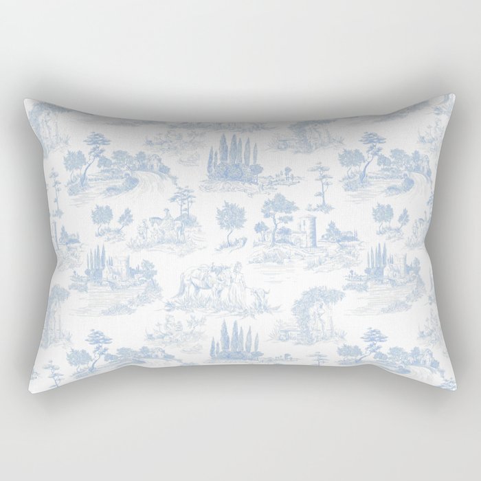 Toile de Jouy French Vintage Baby Blue & White Rectangular Pillow Gallery Image 2
