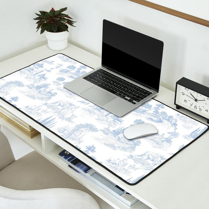 Toile de Jouy French Vintage Baby Blue & White Desk Mat Gallery Image 2