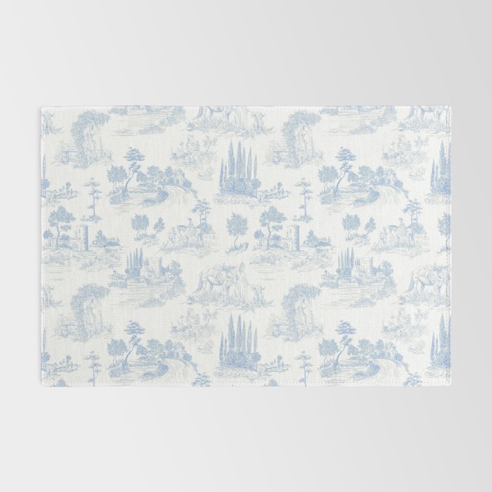 Toile de Jouy French Vintage Baby Blue & White Rug Gallery Image 2