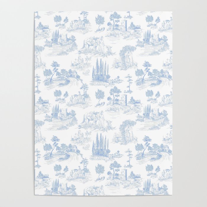Toile de Jouy French Vintage Baby Blue & White Poster Gallery Image 4