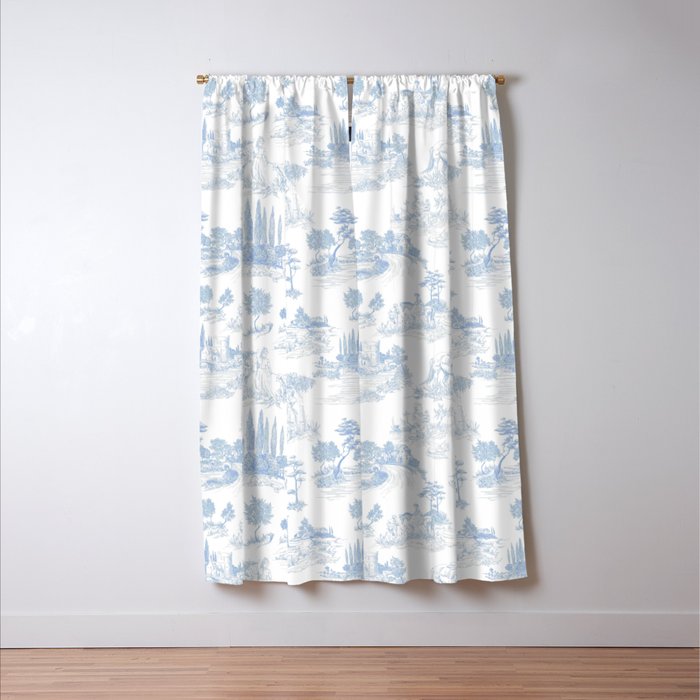 Toile de Jouy French Vintage Baby Blue & White Window Curtain Gallery Image 3